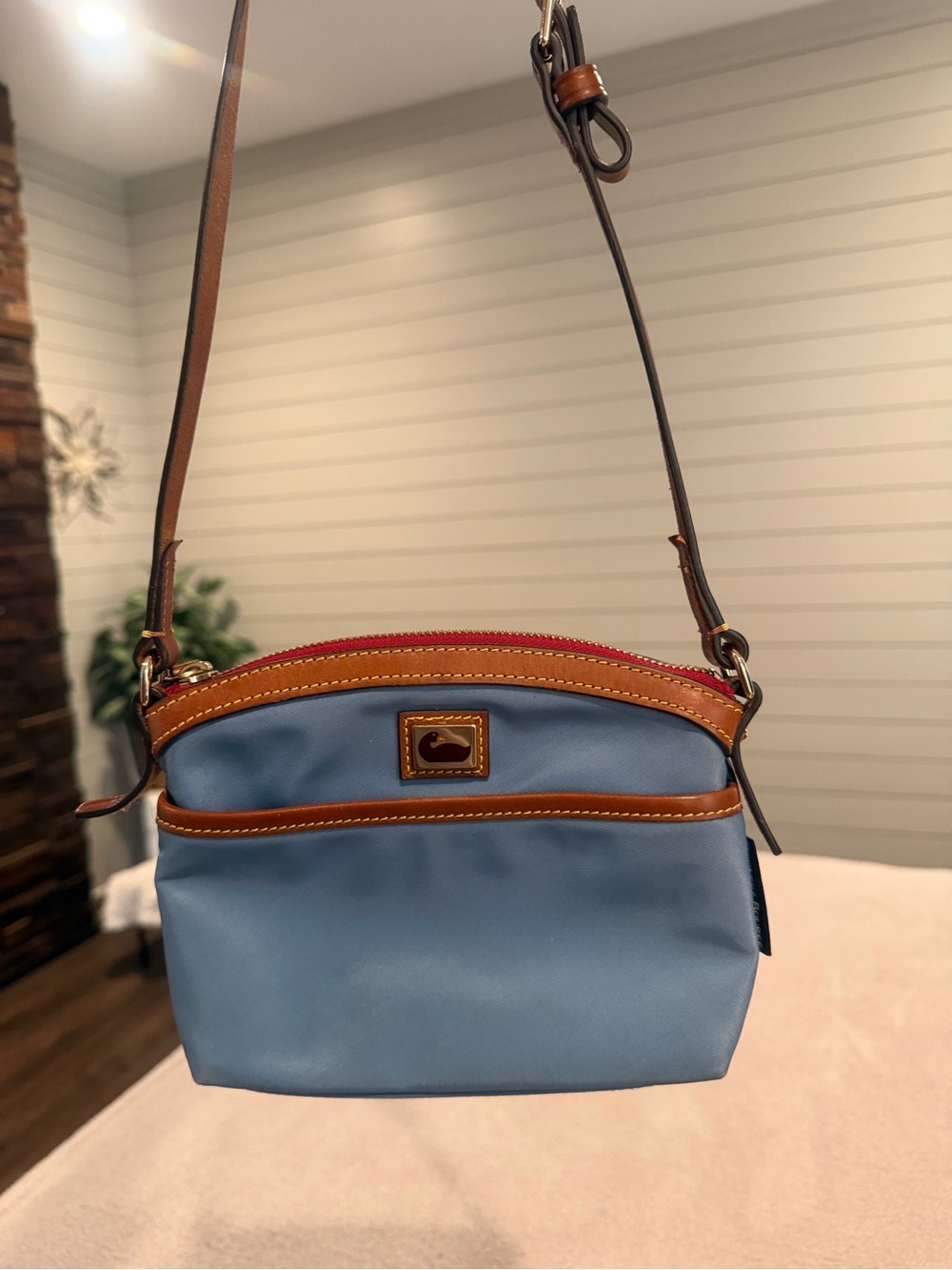 Dooney & Bourke Light Blue Nylon Shoulder bag with Brown Leather Trim